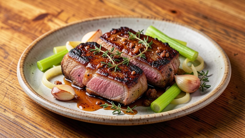 Baked Thick Bone-In Pork Chops Recipe: Crispy Celery Crown Topping Over Smoky Herb Gravy