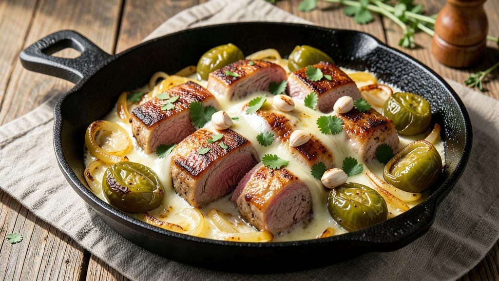 Cheesy Pork and Tomatillo Skillet Recipe: Tangy Green Salsa Crust With Melty Cheese