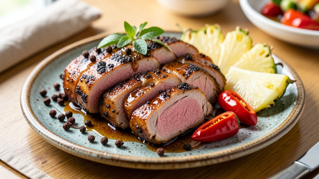 Caribbean Pork Tenderloin Recipe: Jerk-Spiced Crisp Bark Over Tangy Pineapple Slices