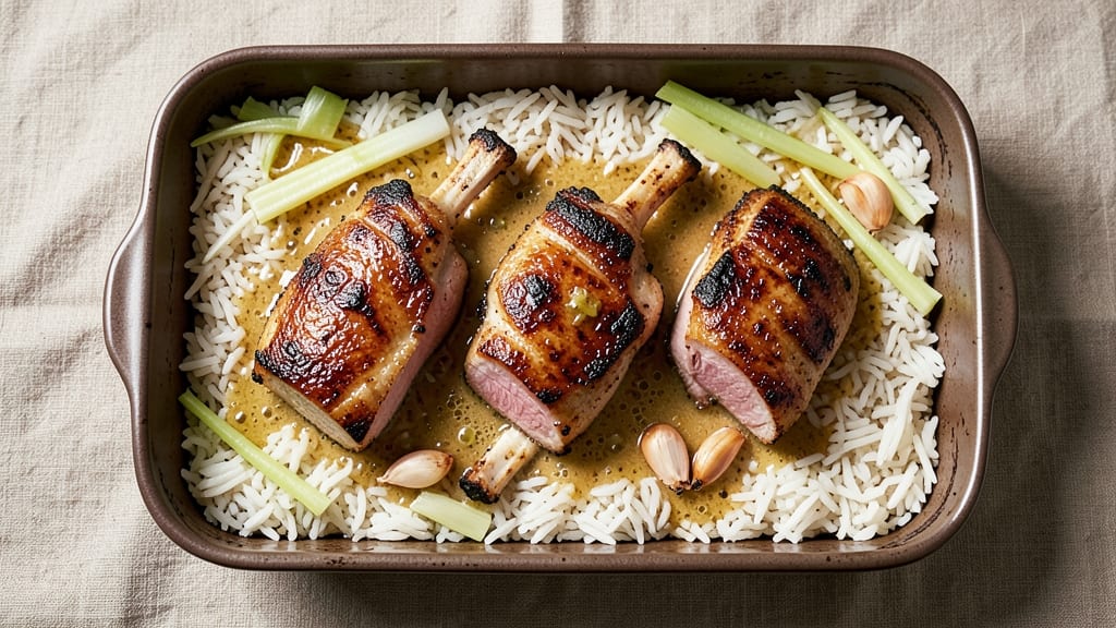 Baked Pork Chops and Rice Casserole Recipe: Crispy Celery Crowns Over Creamy Garlic Gravy