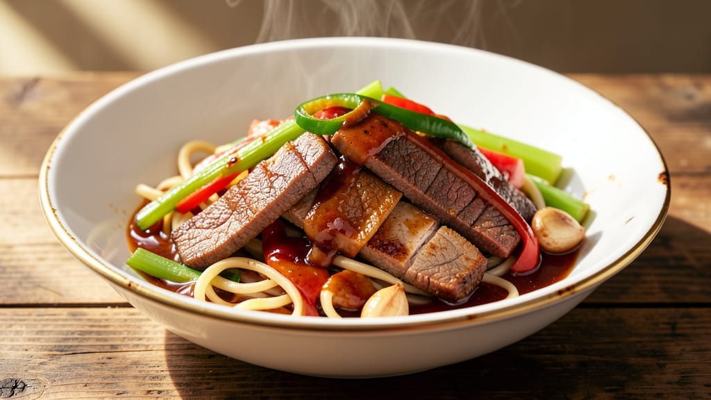 Beef and Pork Chop Suey Recipe: Wok-Fried Noodles With Crispy Celery Crowns