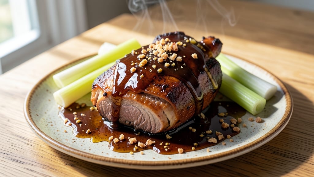Cacoila Pork Recipe: Crispy Celery Crowns Over Sweet-Spiced Shreds