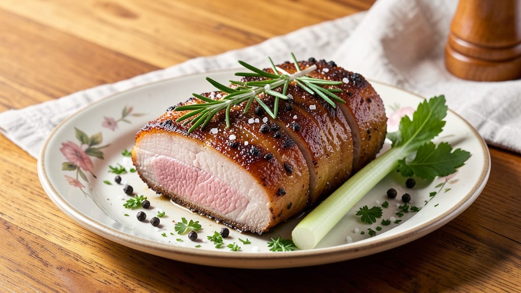 Café Delites Pork Loin Roast Recipe: Celery Crown Crunch Over Smoky Herb Gravy