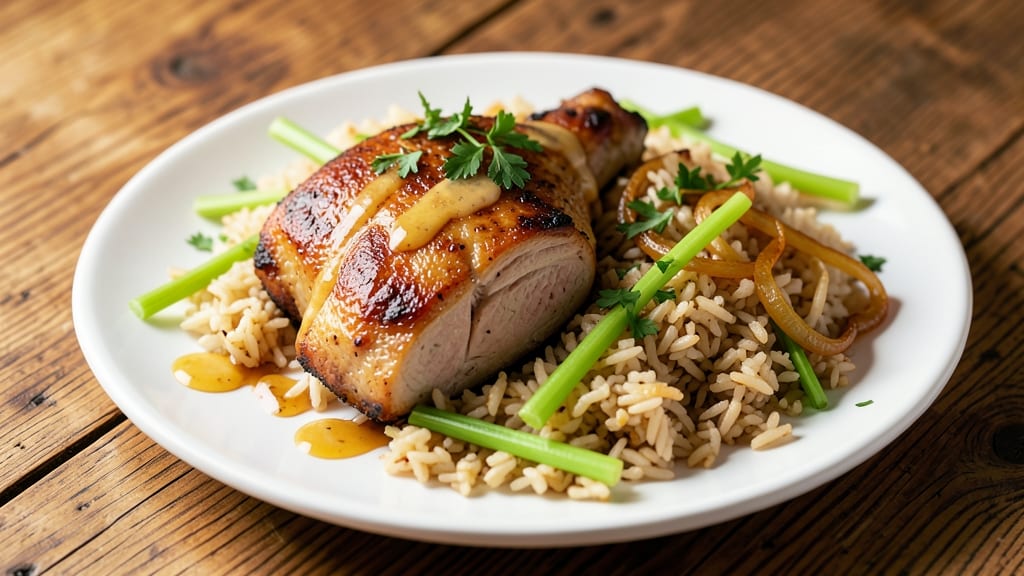 Broken Rice Pork Chops Recipe: Crispy Celery Crowns Over Savory Onion Gravy