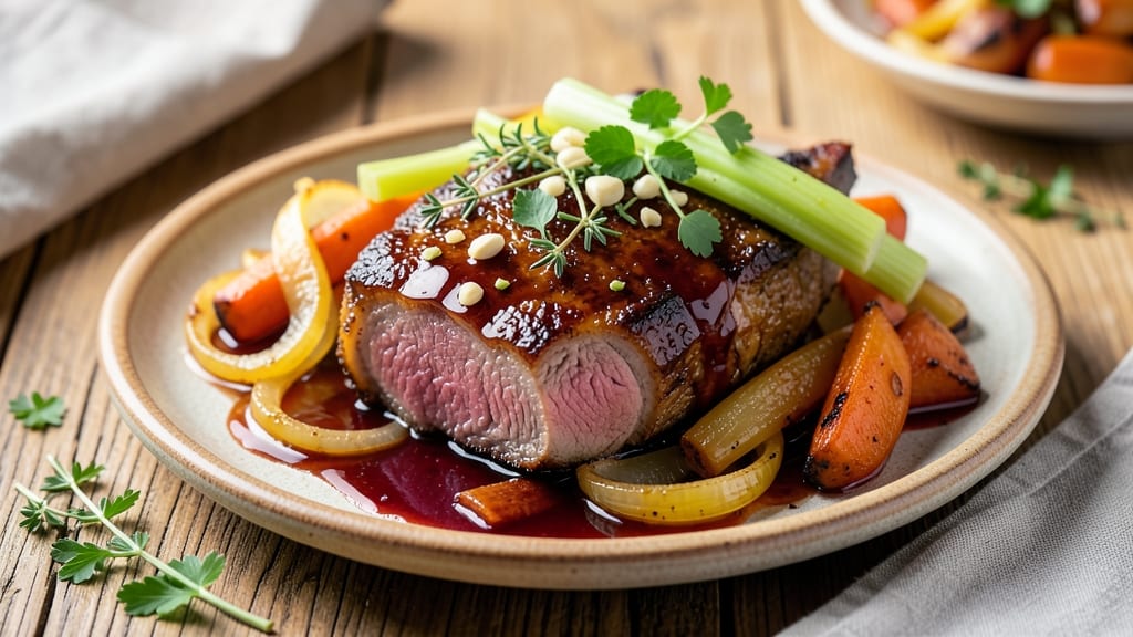 Braised Pork Shoulder Steak Recipe: Celery Crown Crunch Over Rich Onion Gravy
