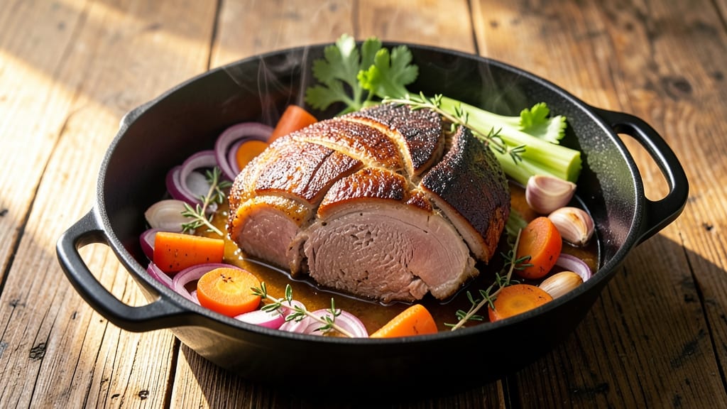 Boneless Pork Shoulder Roast Recipe Dutch Oven: Celery Crown Crunch Over Smoky Herb Gravy