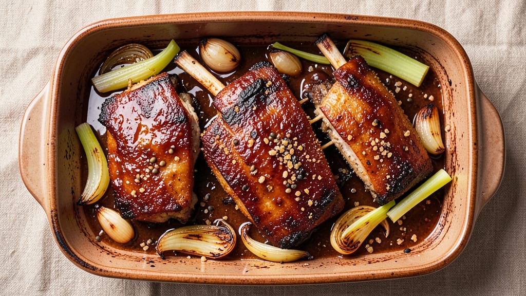 Oven Baked Pork Spareribs Recipe: Celery Crown Crunch Over Smoky Herb Gravy